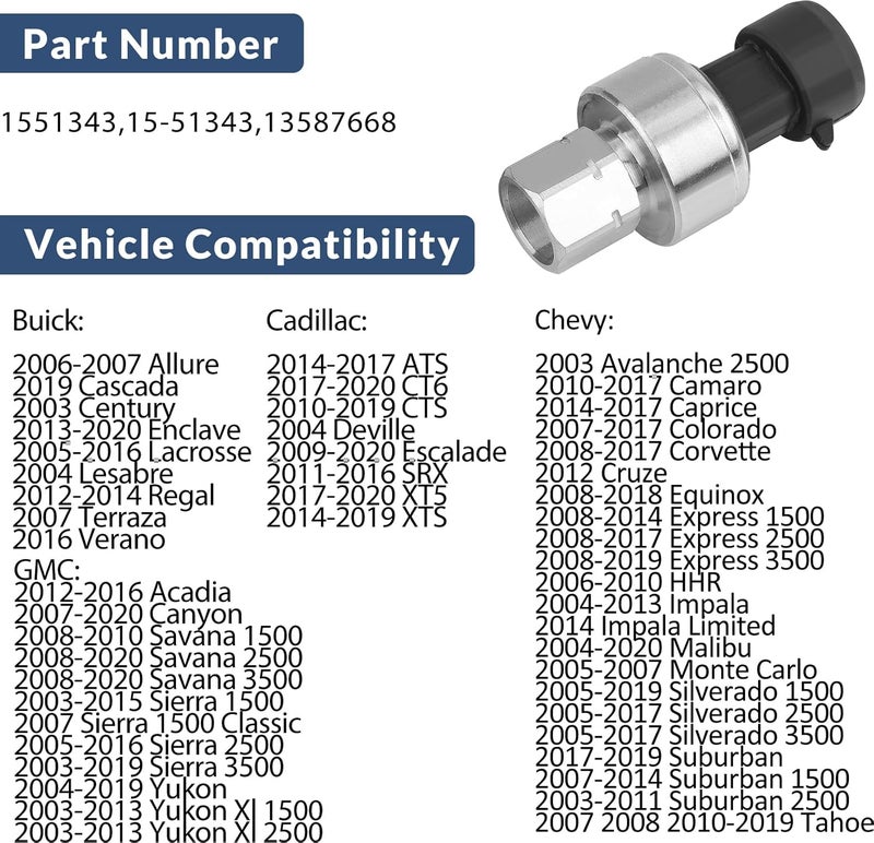 Ricmjend 1551343 AC Pressure Sensor Switch Compatible with Chevy Suburban Tahoe 2002-2021,Buick Cadillac GMC Sierra 2003-2020,Pontiac Saturn 2002-2010 HVAC Pressure Transducer Replaces 13587668 - Image 2